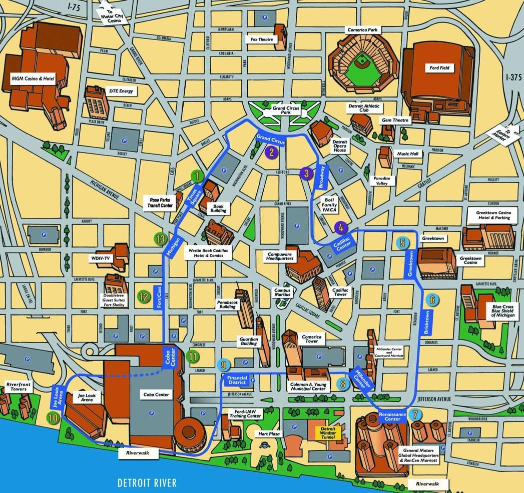 Detroit zabytki mapa